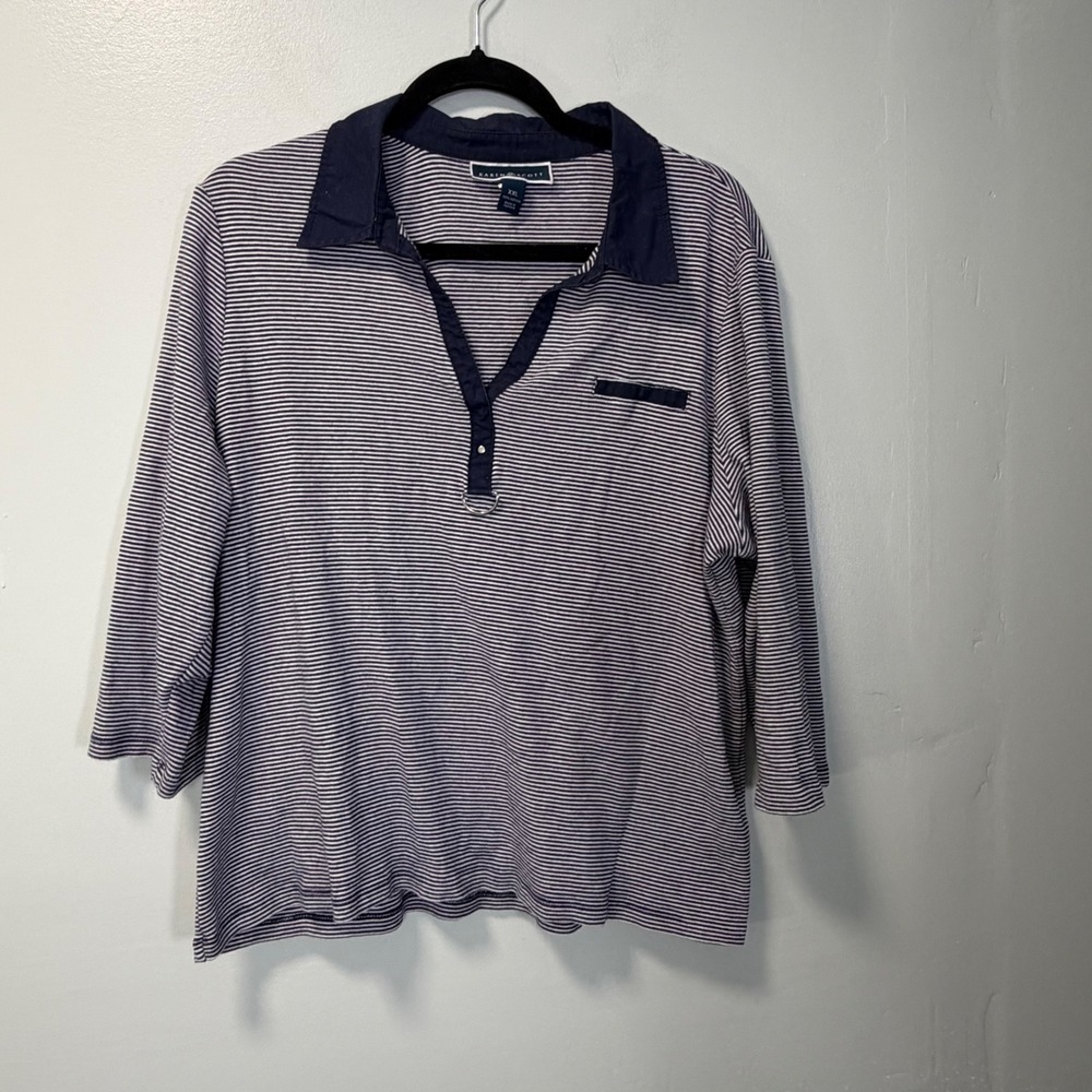Karen Scott Womens XXL Blue White Striped 3/4 Sleeve Polo Shirt HO15
